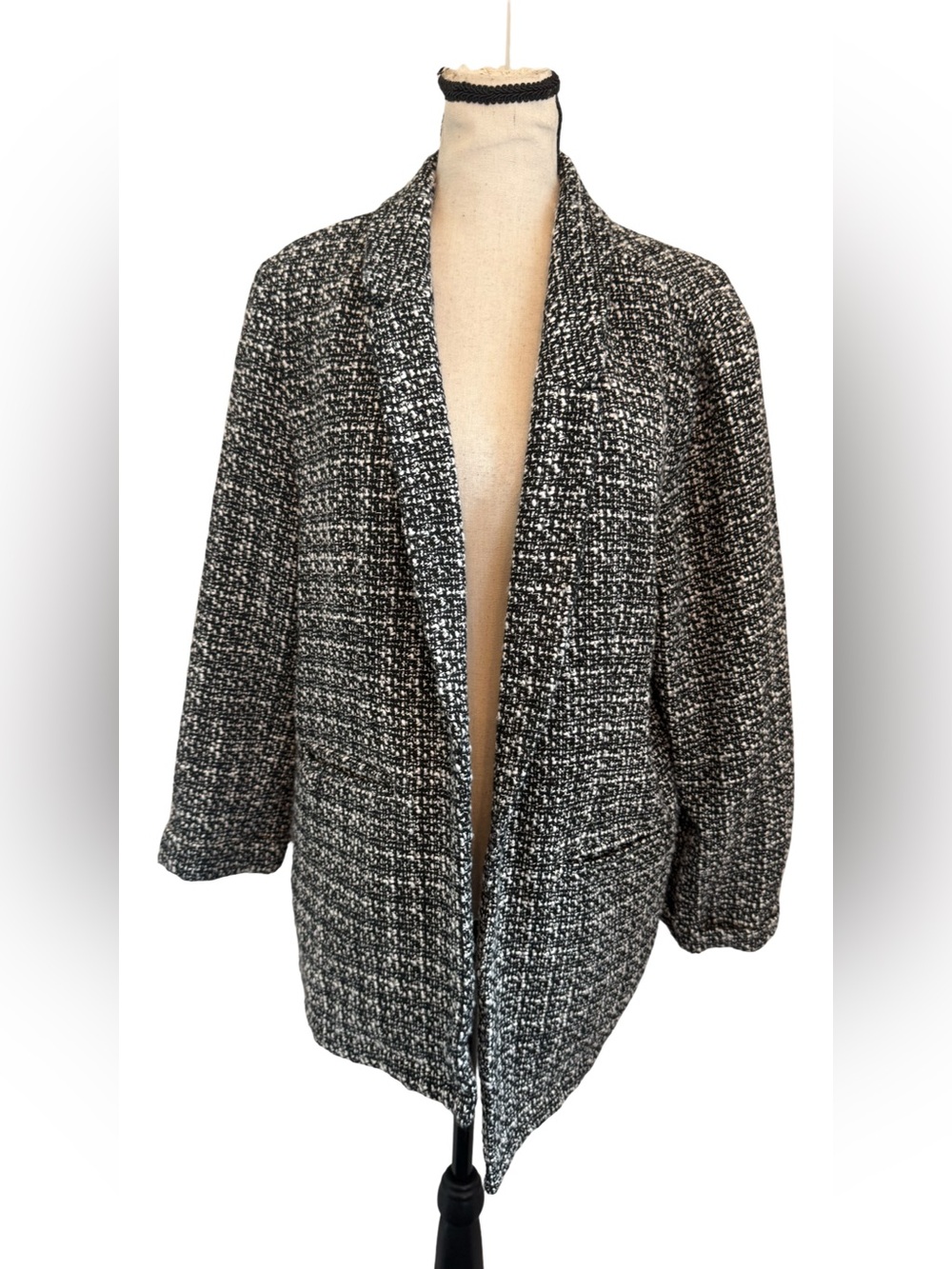 Nanette Lepore Size L Black White Tweed Open Front Cardigan Jacket Pockets 21x29